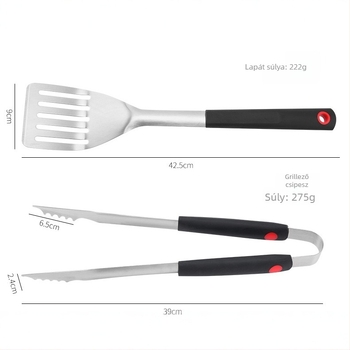Rozsdamentes acélból készült grill eszközök készlet, 3 darab: spatula, grillvilla, grillcsipesz