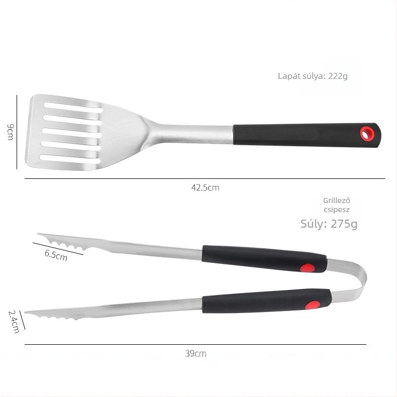 Rozsdamentes acélból készült grill eszközök készlet, 3 darab: spatula, grillvilla, grillcsipesz