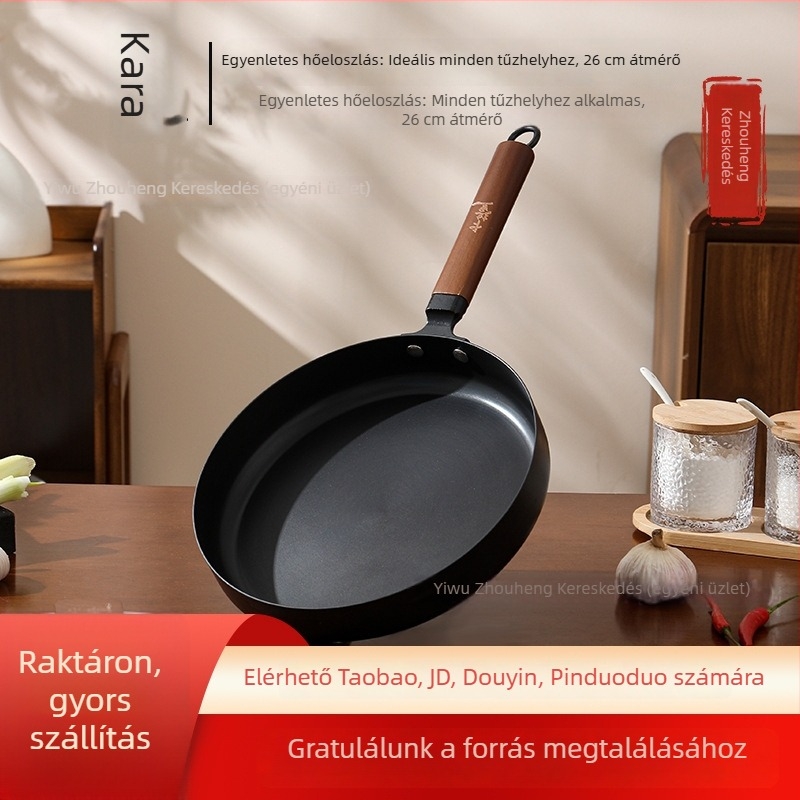 Finom vasból készült wok, japán stílusú, tapadásmentes, 5 cm mély, üvegfedél