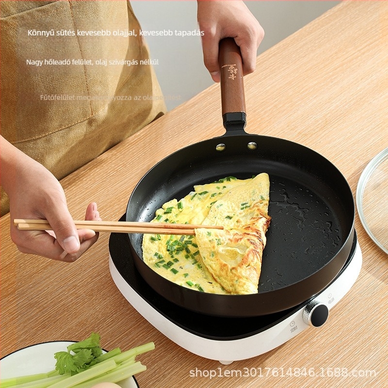 Finom vasból készült wok, japán stílusú, tapadásmentes, 5 cm mély, üvegfedél