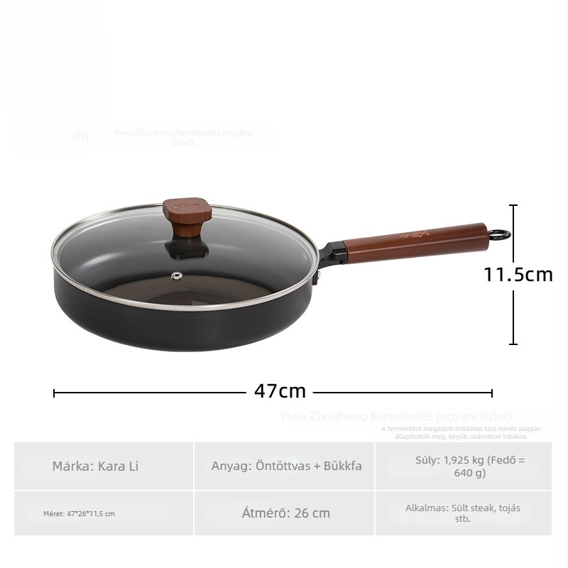 Finom vasból készült wok, japán stílusú, tapadásmentes, 5 cm mély, üvegfedél