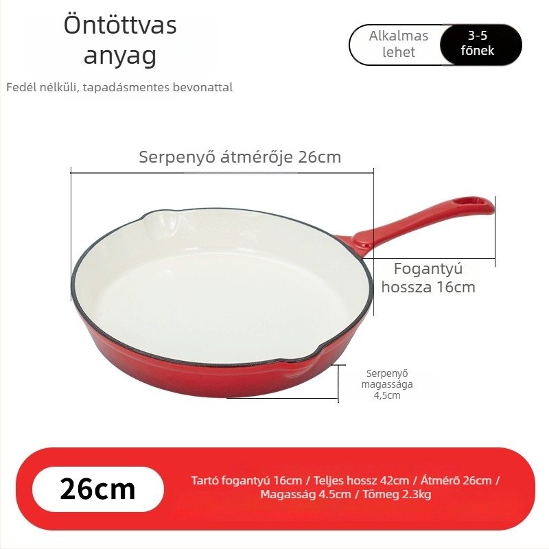 Öntöttvas serpenyő sütéshez, bevonat nélküli, tapadásmentes, 2,3 kg, egylapos aljzat, mélység 4,2 cm