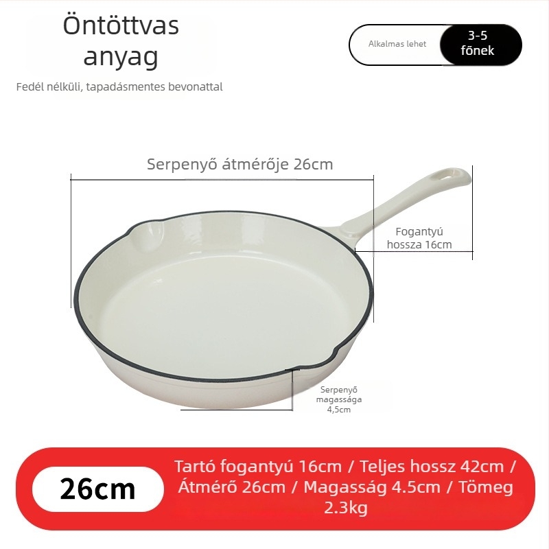 Öntöttvas serpenyő sütéshez, bevonat nélküli, tapadásmentes, 2,3 kg, egylapos aljzat, mélység 4,2 cm