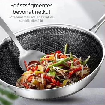 Rozsdamentes acél wok antiadhéziós bevonattal, több rétegű aljzattal, fedő üveggel, súlya 3 kg