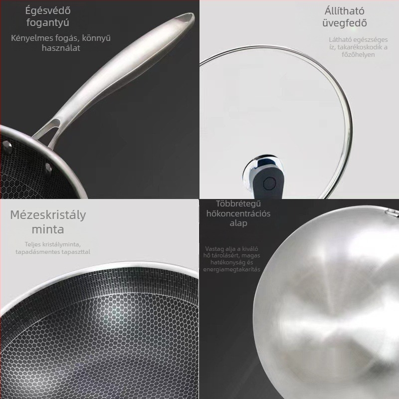 Rozsdamentes acél wok antiadhéziós bevonattal, több rétegű aljzattal, fedő üveggel, súlya 3 kg