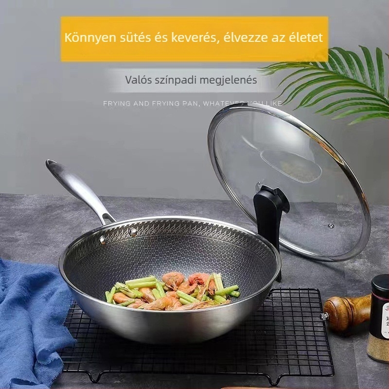 Rozsdamentes acél wok antiadhéziós bevonattal, több rétegű aljzattal, fedő üveggel, súlya 3 kg