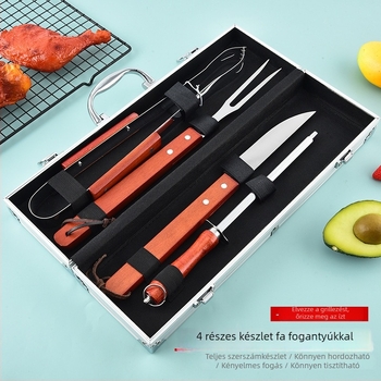 410 rozsdamentes acél, fa fogantyúval, 4 darabos grillkészlet alumínium tokkal