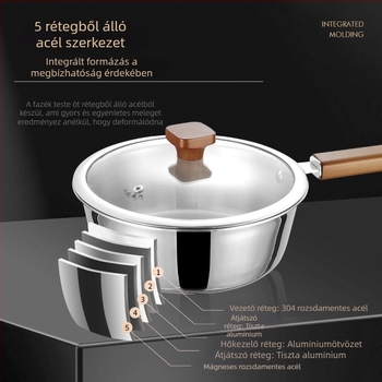 Lapos aljú wok serpenyő bevonat nélküli, összetett többszintes aljjal, rozsdamentes acél fedéllel, általános tűzhelyekhez