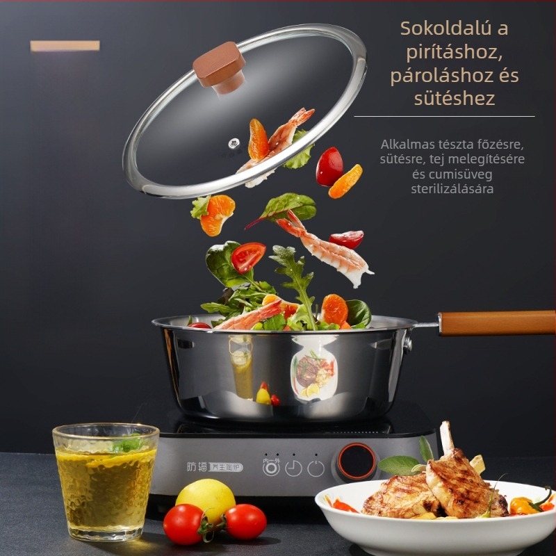 Lapos aljú wok serpenyő bevonat nélküli, összetett többszintes aljjal, rozsdamentes acél fedéllel, általános tűzhelyekhez