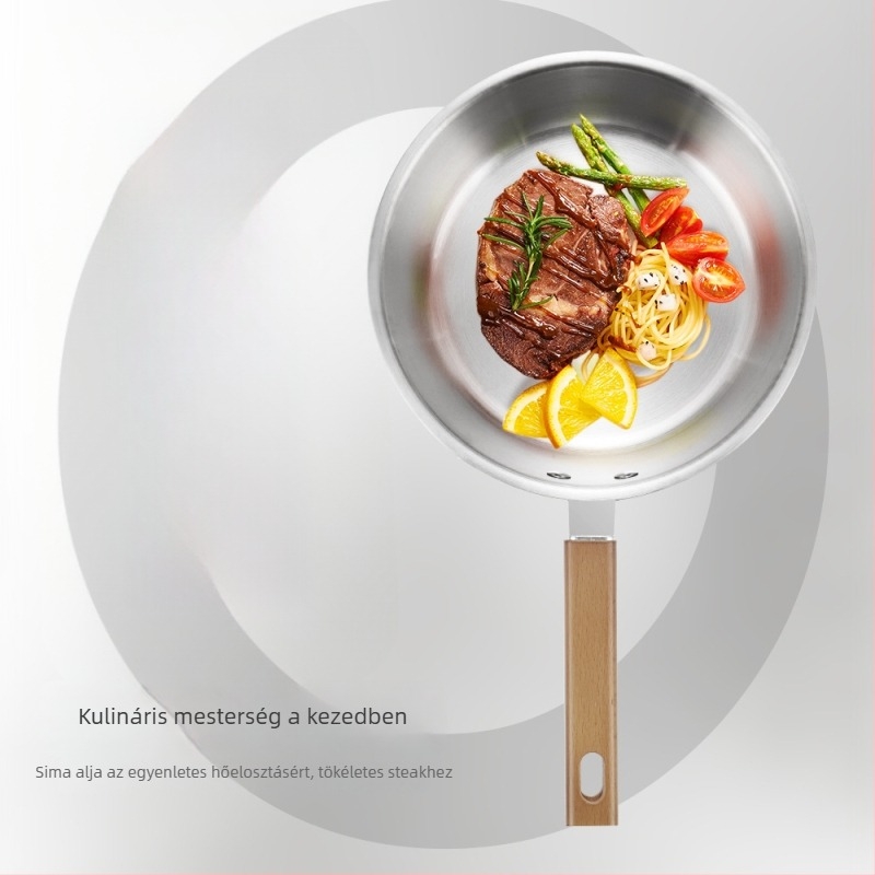 Lapos aljú wok serpenyő bevonat nélküli, összetett többszintes aljjal, rozsdamentes acél fedéllel, általános tűzhelyekhez