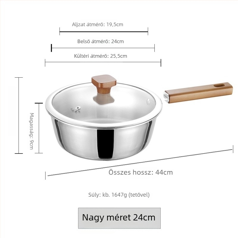 Lapos aljú wok serpenyő bevonat nélküli, összetett többszintes aljjal, rozsdamentes acél fedéllel, általános tűzhelyekhez