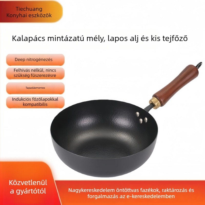 Finomvas wok, rozsdamentes ellenálló, kovácsoltvas alj, 9 cm mélység, általános tűzhelyhez