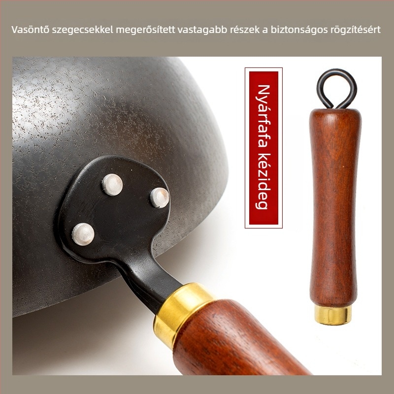 Finomvas wok, rozsdamentes ellenálló, kovácsoltvas alj, 9 cm mélység, általános tűzhelyhez