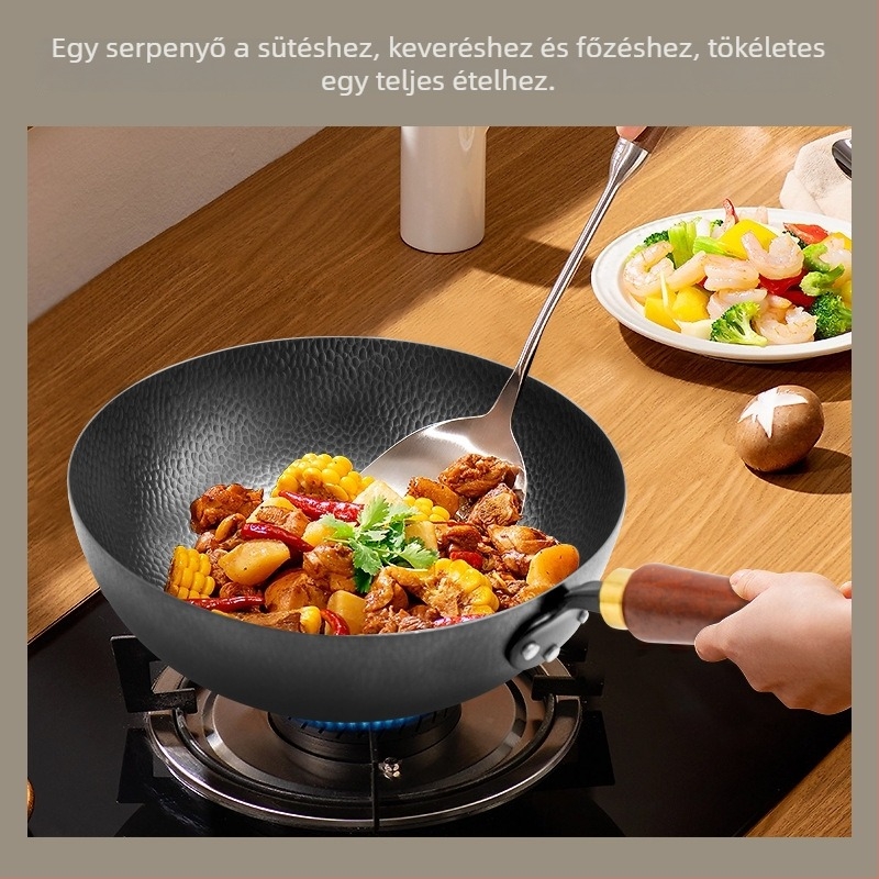 Finomvas wok, rozsdamentes ellenálló, kovácsoltvas alj, 9 cm mélység, általános tűzhelyhez