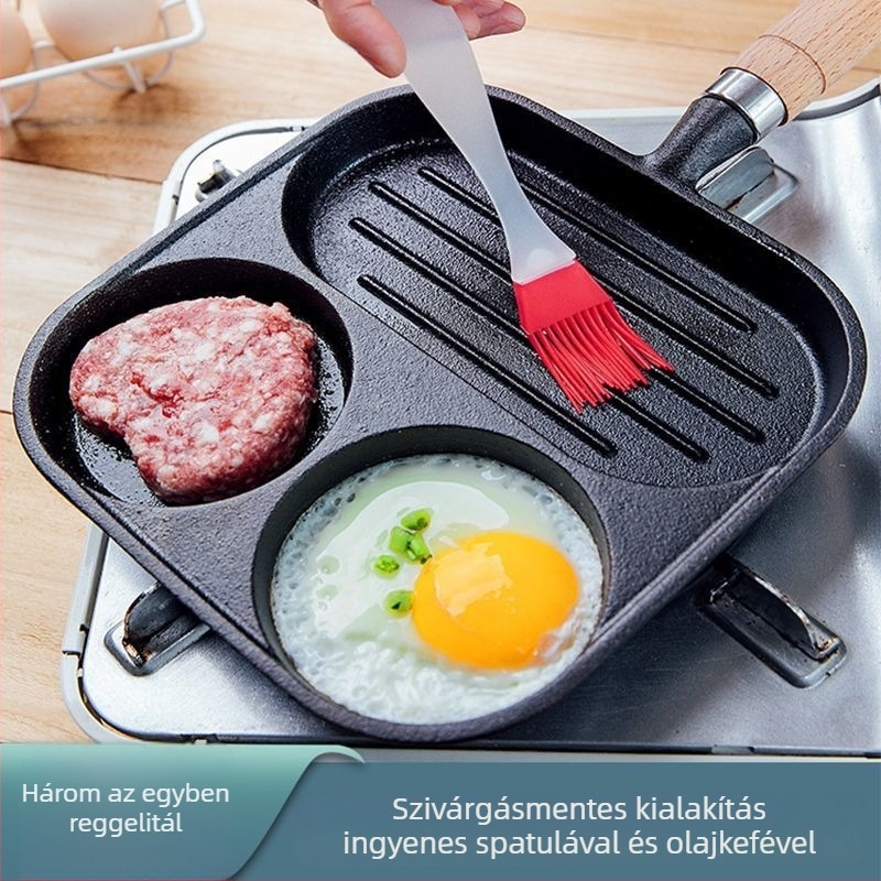 Három az egyben vasöntvény serpenyő omlettekhez, steakhez és tojásokhoz; sík aljzat, bevonat nélküli, indukciós kompatibilis
