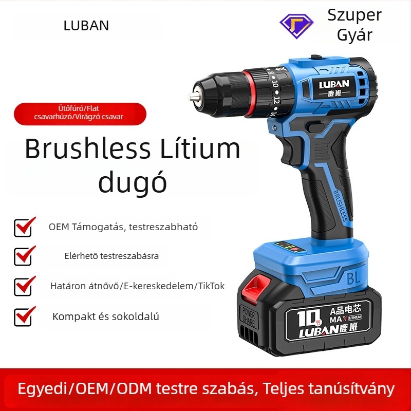 Luban vezeték nélküli brushless ütvecsavarozó-fúró, mini, kétfokozatú, pisztolymarkolat, háromtagos tokmány, Li-ion akkumulátor