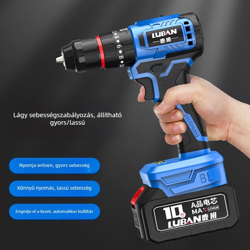 Luban vezeték nélküli brushless ütvecsavarozó-fúró, mini, kétfokozatú, pisztolymarkolat, háromtagos tokmány, Li-ion akkumulátor