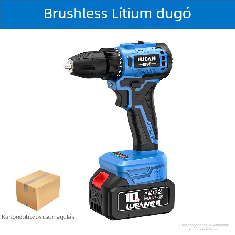 Luban vezeték nélküli brushless ütvecsavarozó-fúró, mini, kétfokozatú, pisztolymarkolat, háromtagos tokmány, Li-ion akkumulátor