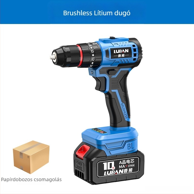 Luban vezeték nélküli brushless ütvecsavarozó-fúró, mini, kétfokozatú, pisztolymarkolat, háromtagos tokmány, Li-ion akkumulátor