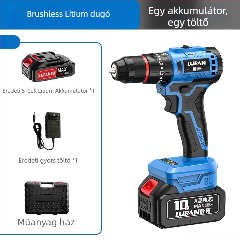 Luban vezeték nélküli brushless ütvecsavarozó-fúró, mini, kétfokozatú, pisztolymarkolat, háromtagos tokmány, Li-ion akkumulátor
