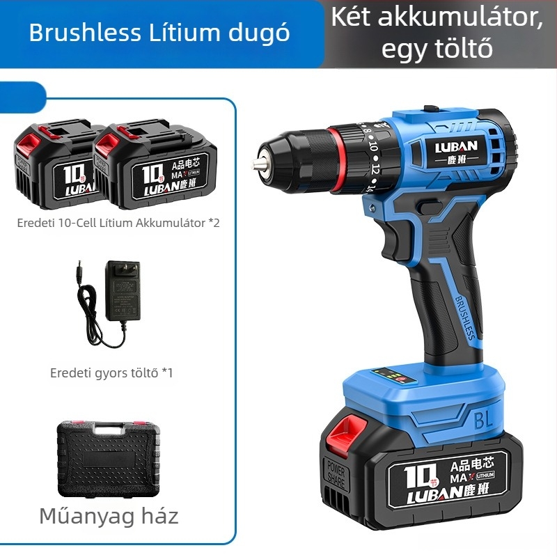 Luban vezeték nélküli brushless ütvecsavarozó-fúró, mini, kétfokozatú, pisztolymarkolat, háromtagos tokmány, Li-ion akkumulátor