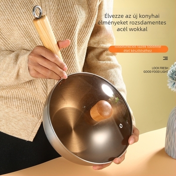 304 rozsdamentes acél wok üvegfedővel, egyetlen aljzattal, mélység kb. 9 cm, tömeg >900 g