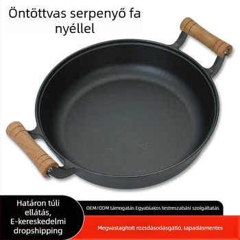 Fából készült fogantyúval ellátott mély öntöttvas serpenyő, sokoldalú, lapos alj, bevonat nélküli