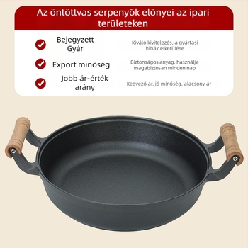 Fából készült fogantyúval ellátott mély öntöttvas serpenyő, sokoldalú, lapos alj, bevonat nélküli