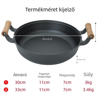 Fából készült fogantyúval ellátott mély öntöttvas serpenyő, sokoldalú, lapos alj, bevonat nélküli
