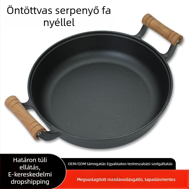 Fából készült fogantyúval ellátott mély öntöttvas serpenyő, sokoldalú, lapos alj, bevonat nélküli