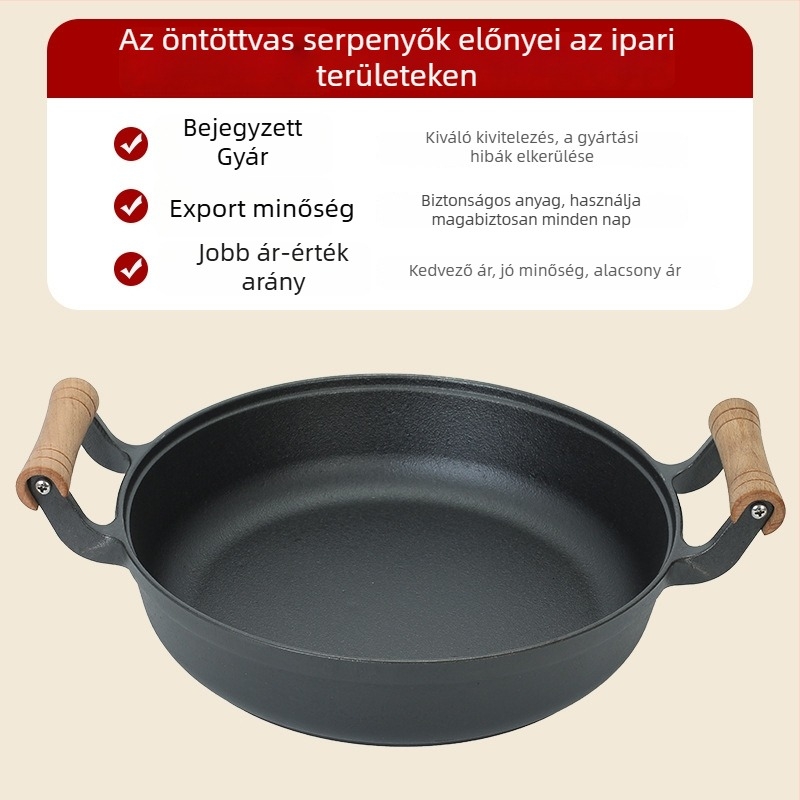 Fából készült fogantyúval ellátott mély öntöttvas serpenyő, sokoldalú, lapos alj, bevonat nélküli