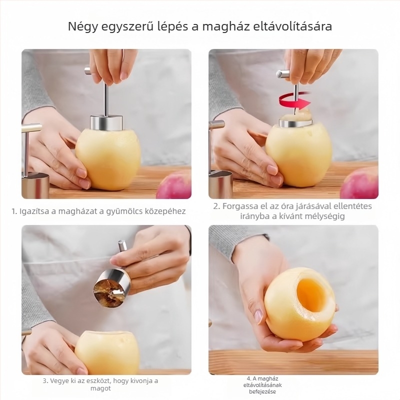 Rozsdamentes acél gyümölcscore-eltávolító – körte és alma magjának eltávolítására, kézi konyhai eszköz