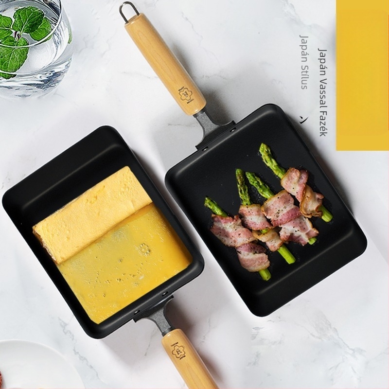 Tamagoyaki serpenyő fab nyéllel, Carpenter sorozat, kovácsolt vasból, bevonat nélkül, lapos alj