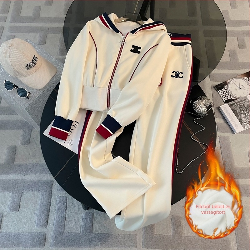 Női kapucnis fleeces béléses sportos szett, hosszú ujjú felső, 3D minta, pamut 80–90%