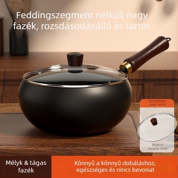 Fin vasból készült wok, bevonat nélkül, fa fedővel, 10,5 cm mélység
