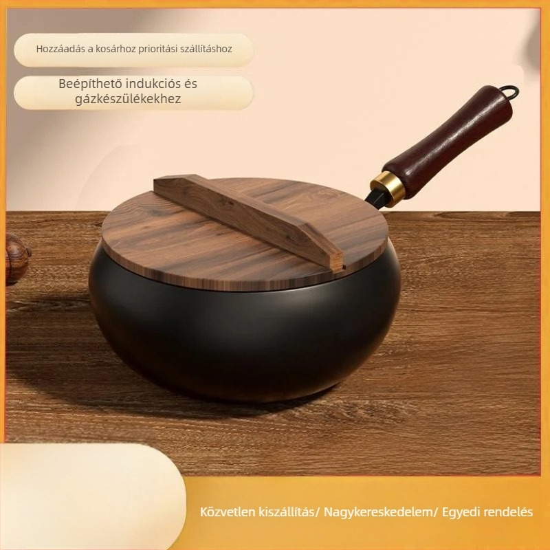 Fin vasból készült wok, bevonat nélkül, fa fedővel, 10,5 cm mélység