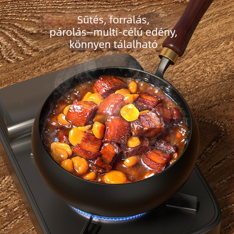 Fin vasból készült wok, bevonat nélkül, fa fedővel, 10,5 cm mélység
