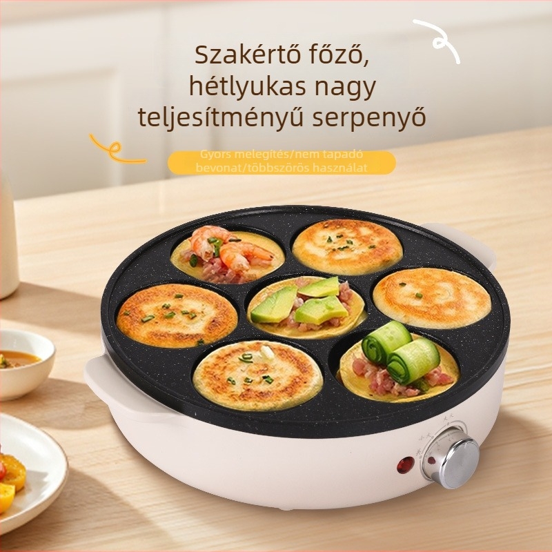 Hetes lyukú omlettserpenyő, orvosi kő anyagból, tapadásmentes, elektromos, üvegfedővel