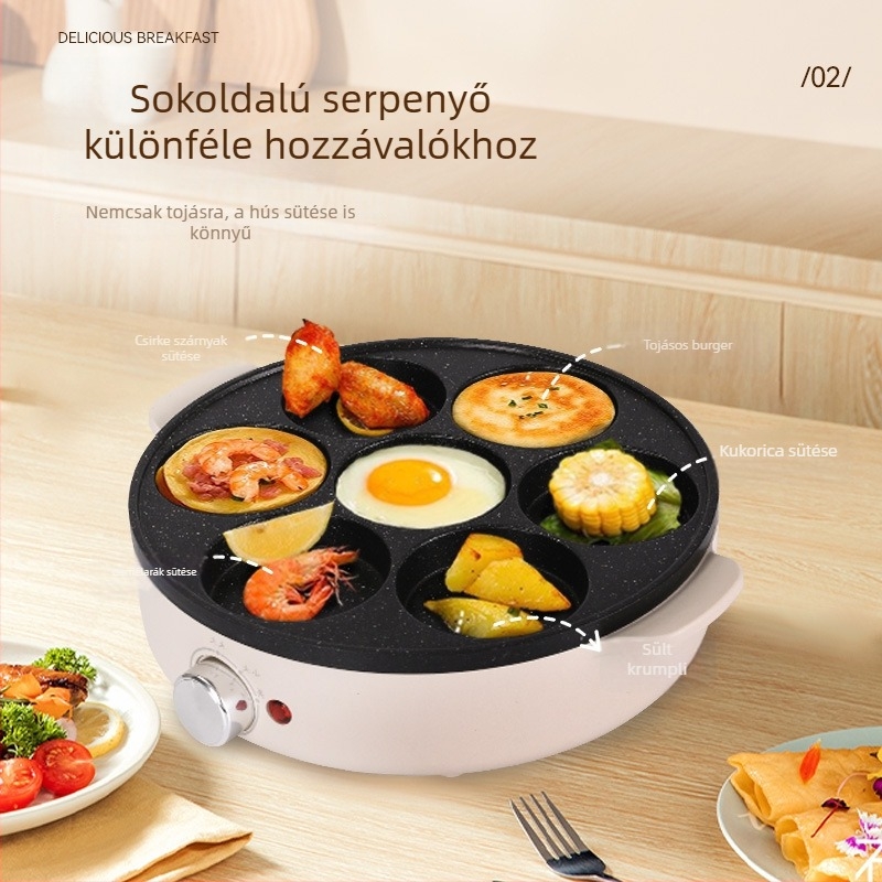Hetes lyukú omlettserpenyő, orvosi kő anyagból, tapadásmentes, elektromos, üvegfedővel