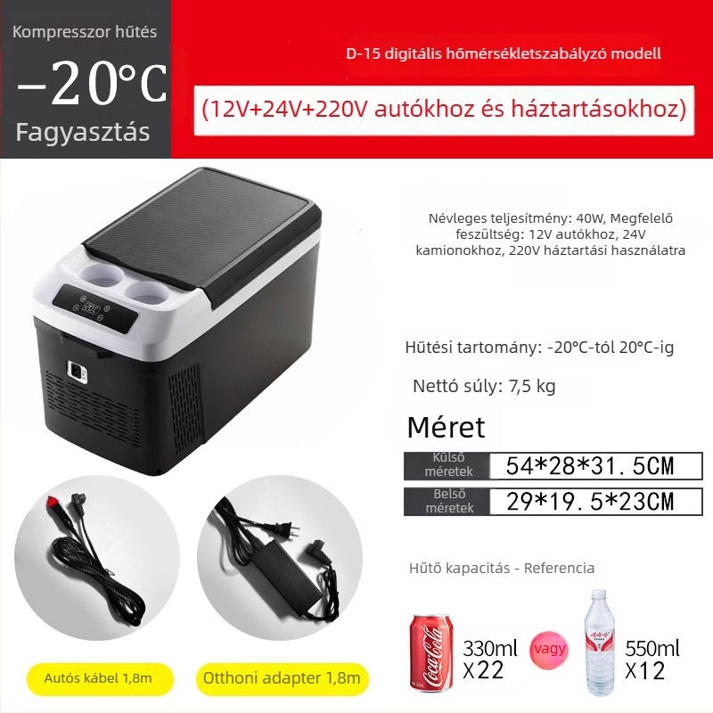 Ice King kompresszoros autós hűtő, 12V/24V, kettős használat autó és otthon, 11–15L, 40W, hűtés -20°C-ig