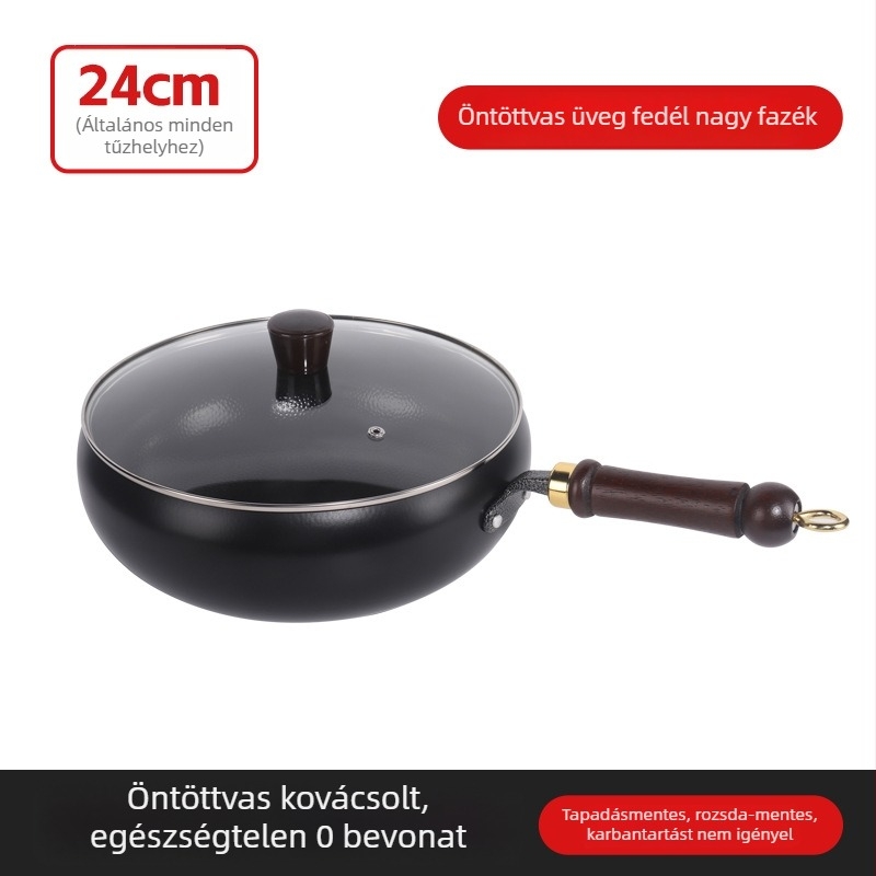Wok öntöttvasból kalapácsos mintával, bevonat nélkül, üvegfedél, mélység 10 cm