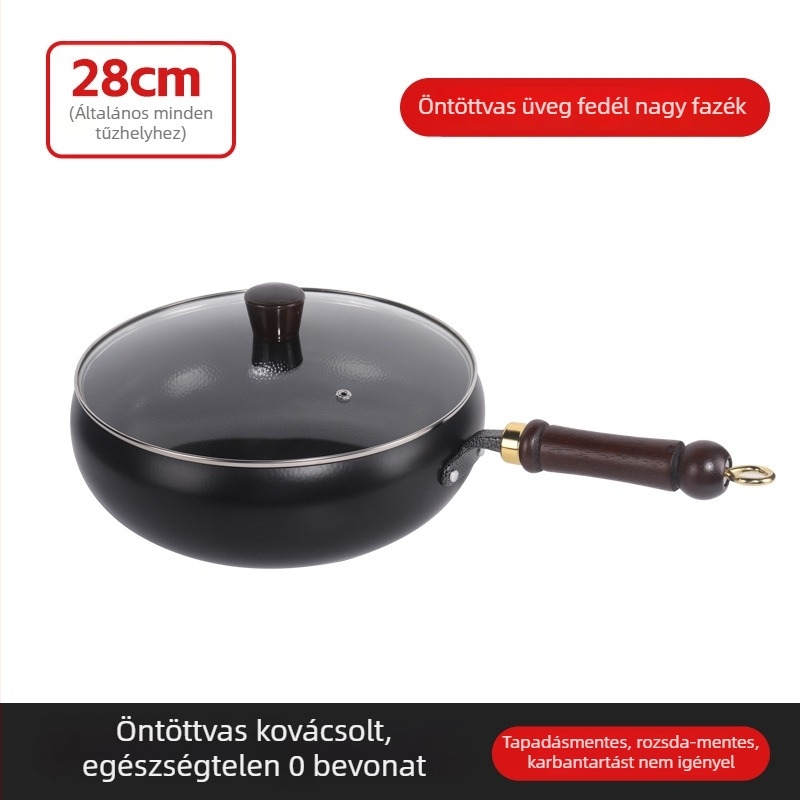 Wok öntöttvasból kalapácsos mintával, bevonat nélkül, üvegfedél, mélység 10 cm
