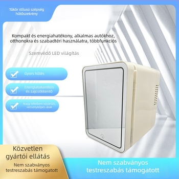 Smink-tükörrel és LED-fénnyel ellátott mini hűtő, autós hűtő forró és hideg üzemmóddal, 5L kapacitás, 12V/220V tápegység, 24-36W teljesítmény, hűtés 10-15°C-kal az környezeti hőmérséklet alatt, fűtés 65°C-ig