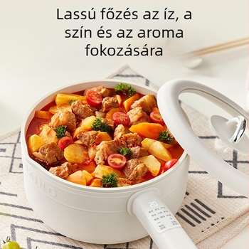 Elektromos főzőedény, kapacitás 2,1–4 L, mikroprocesszoros működtetés, 2 rétegű kivitel, belső tartály más anyagból, szigetelés, időzítő, gyors gőz