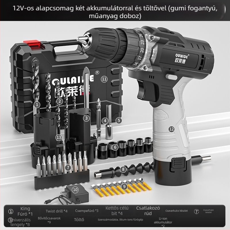 Szénkefe nélküli kézi fúró, nagy teljesítményű, kétforrásos tápegység (töltés vagy hálózati csatlakozás), Li-ion akkumulátorral újratölthető, és többcélú elektromos csavarhúzó