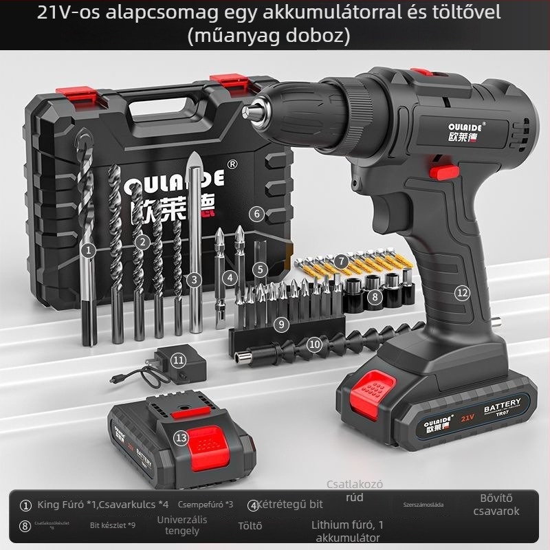 Szénkefe nélküli kézi fúró, nagy teljesítményű, kétforrásos tápegység (töltés vagy hálózati csatlakozás), Li-ion akkumulátorral újratölthető, és többcélú elektromos csavarhúzó