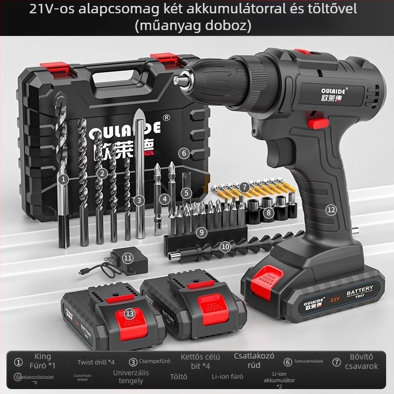 Szénkefe nélküli kézi fúró, nagy teljesítményű, kétforrásos tápegység (töltés vagy hálózati csatlakozás), Li-ion akkumulátorral újratölthető, és többcélú elektromos csavarhúzó