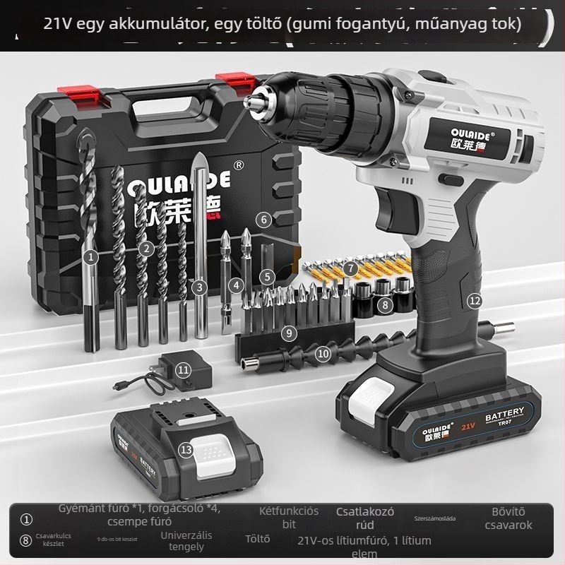 Szénkefe nélküli kézi fúró, nagy teljesítményű, kétforrásos tápegység (töltés vagy hálózati csatlakozás), Li-ion akkumulátorral újratölthető, és többcélú elektromos csavarhúzó