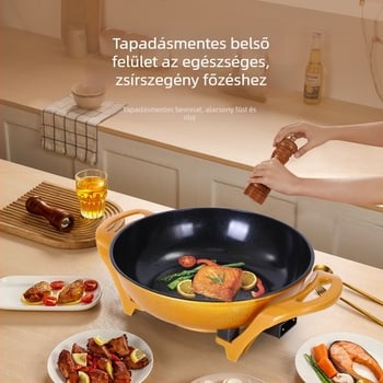 Többcélú elektromos fazék tapadásmentes bevonattal, alumínium ötvözet, 220V, 1360W, üvegfedél, 9 cm mélység, funkciók: párolás, pirítás, sütés, főzés, pörkölt