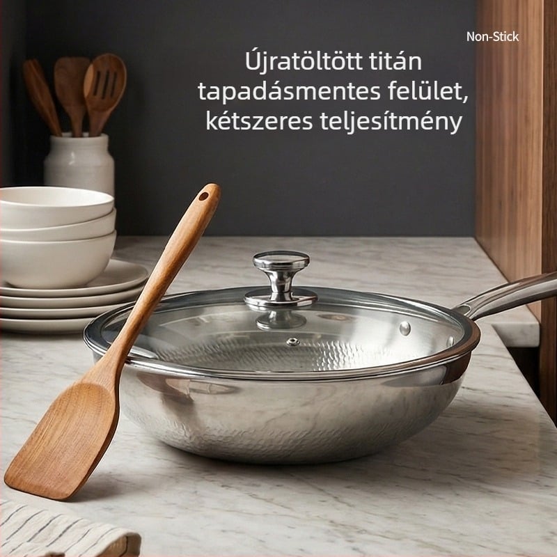 Tiszta titánból készült serpenyő/edény, bevonat nélküli, kalapált textúra 32, kompatibil gáztűzhellyel és indukciós főzőfelülettel, üvegfedél